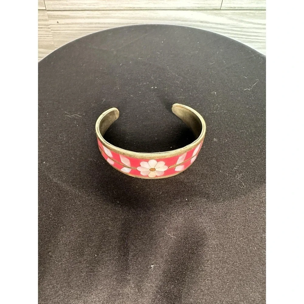 Vintage Mexico SILVER Pink Abalone Mother Of Pearl Inlay Cuff Bracelet